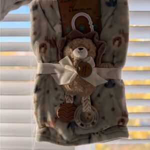Baby blanket and rattle - Animal Design - Cream, Brown, and Blue
